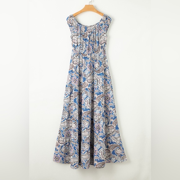 Blue Boho Paisley Print Off Shoulder Maxi Dress Bohemian Long Dress - Picture 10 of 15